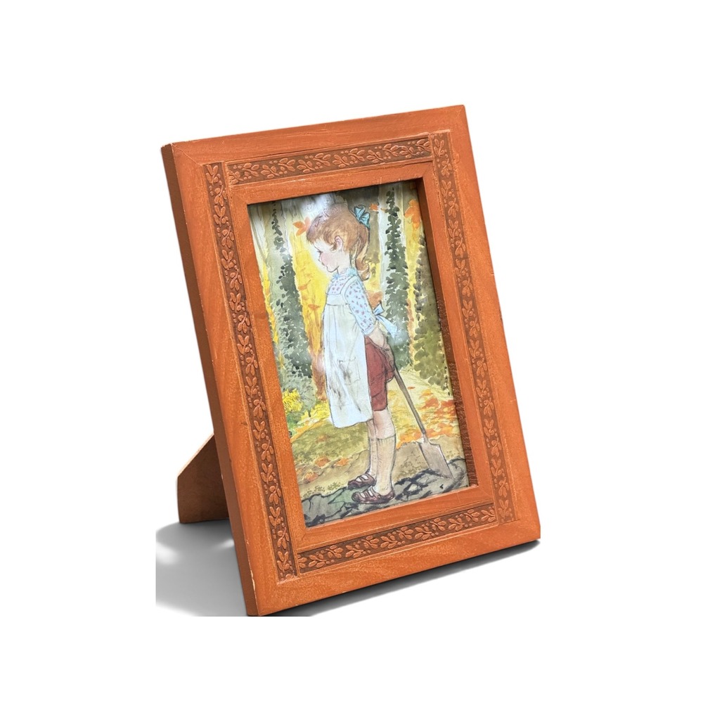 Framed Girl in Garden Print Floral Embossed Wood Frame Orange 6x8